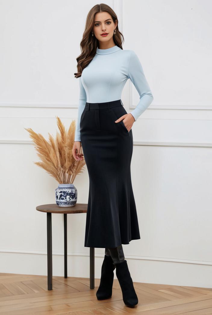 mermaid denim skirt with slant pockets stretch high waist women s denim midi skirt 124899
