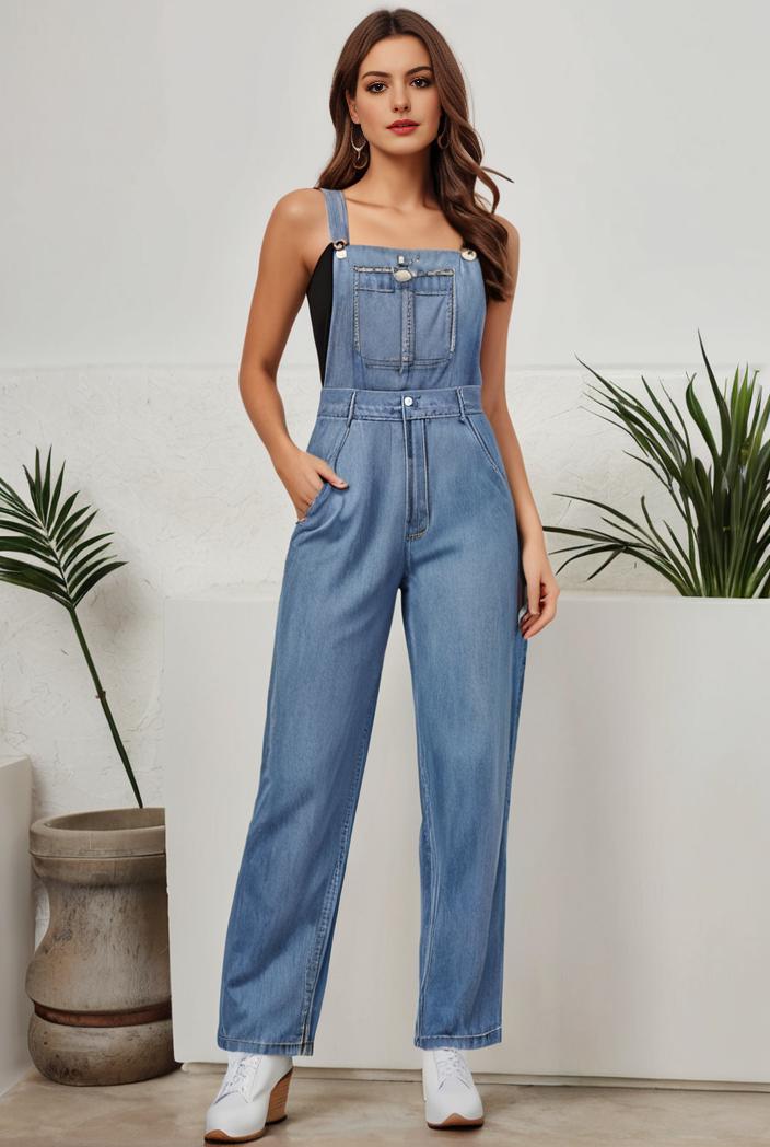 relaxed fit denim jumpsuit with slant pockets non elastic washed denim overalls women s denim apparel 127061