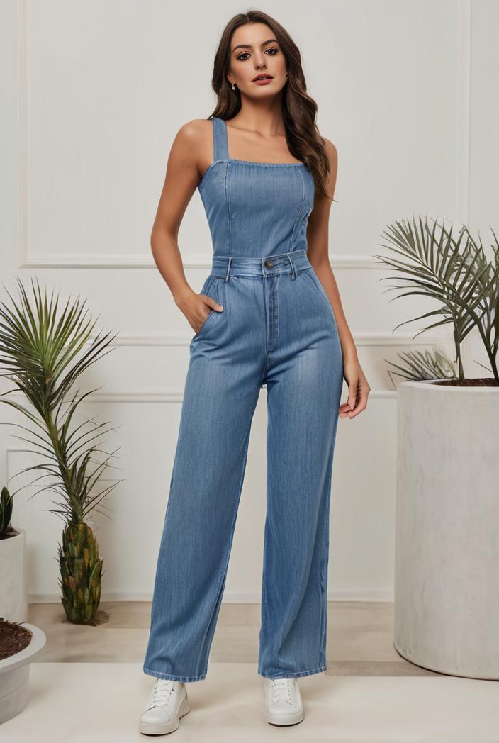 relaxed fit denim jumpsuit with slant pockets non elastic washed denim overalls women s denim apparel 127064