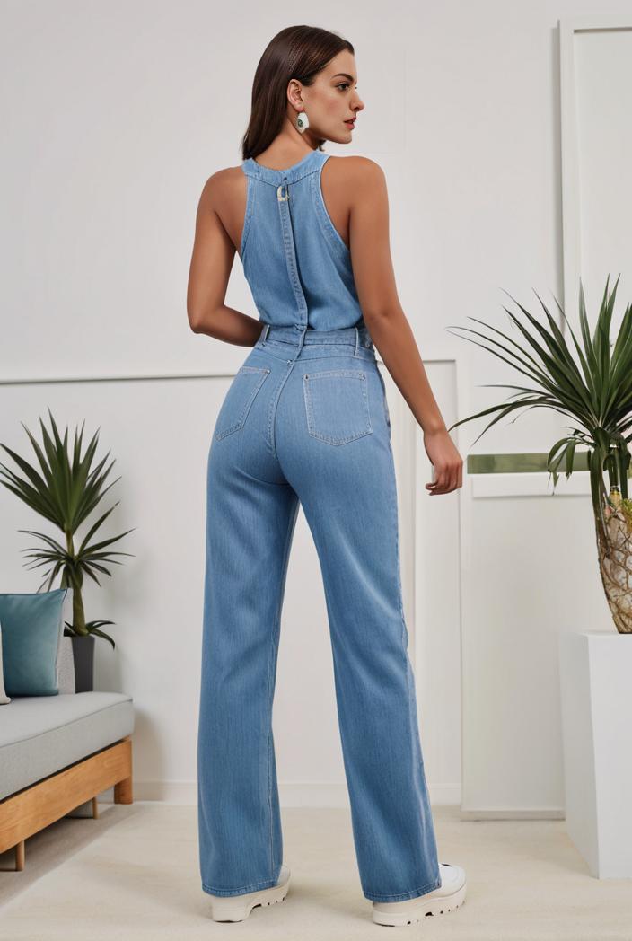 relaxed fit denim jumpsuit with slant pockets non elastic washed denim overalls women s denim apparel 127070