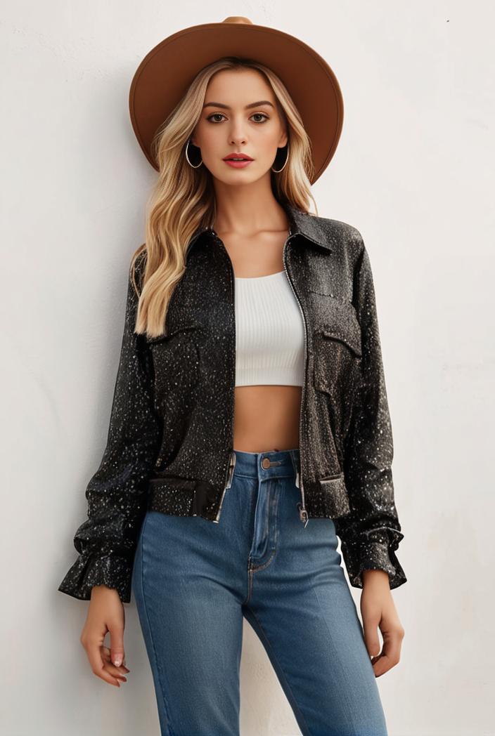 sequin bomber jacket with zipper closure and long sleeves stylish women s outerwear 128748