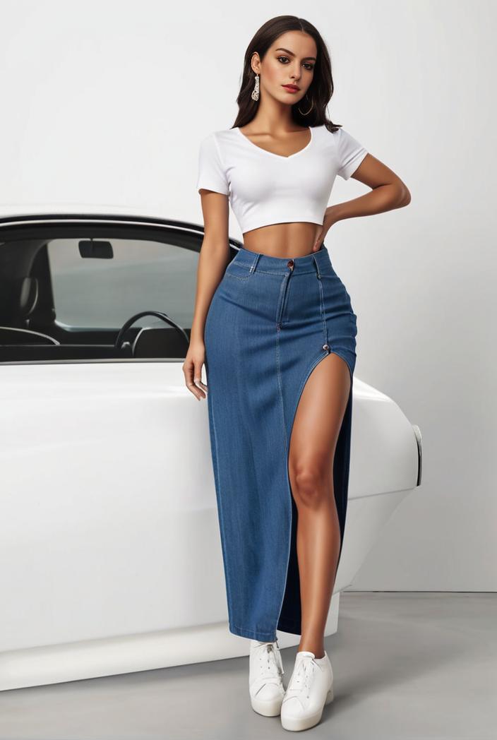 split thigh casual denim midi skirt with slant pockets 133492