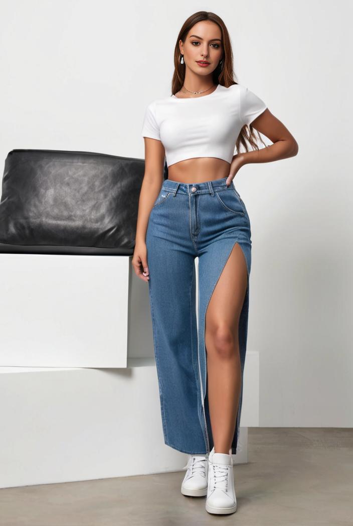 split thigh casual denim midi skirt with slant pockets 133493