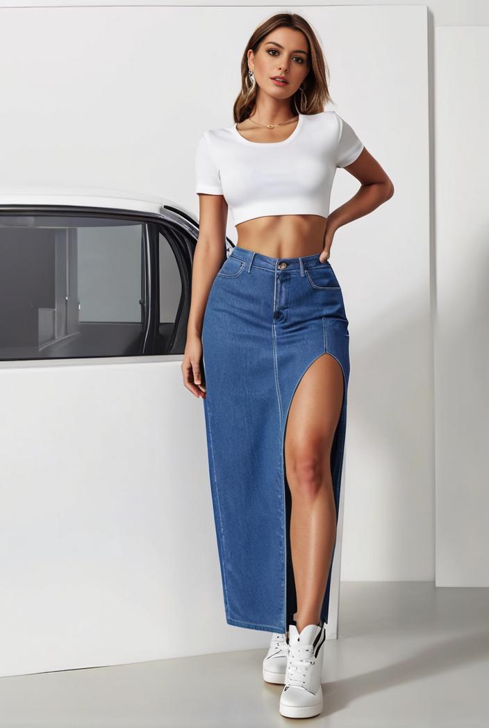 split thigh casual denim midi skirt with slant pockets 133494