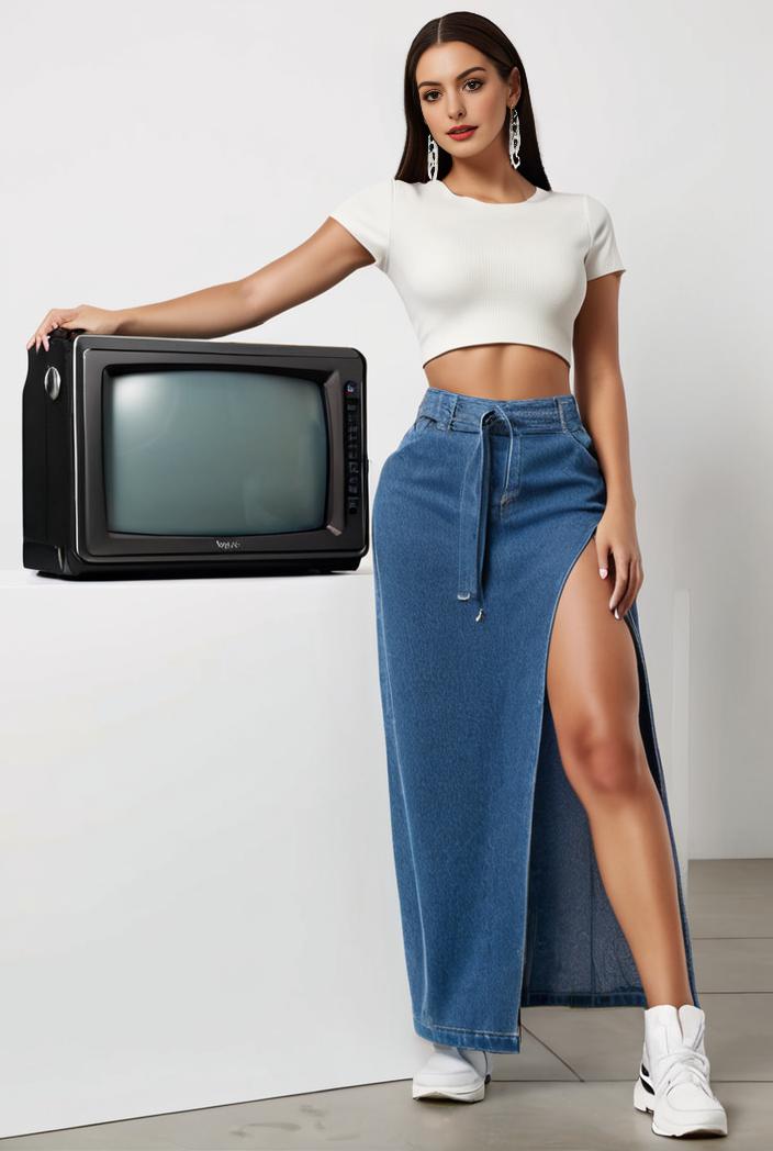 split thigh casual denim midi skirt with slant pockets 133497