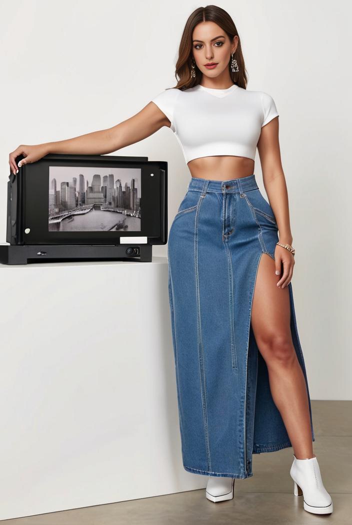 split thigh casual denim midi skirt with slant pockets 133501