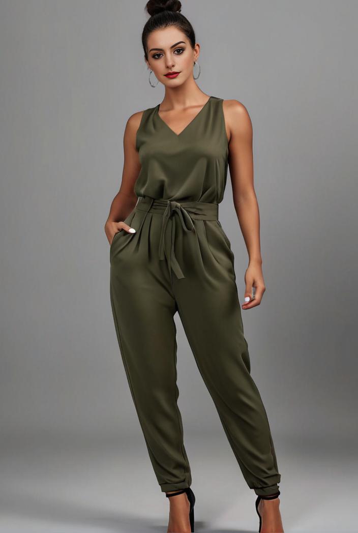 stylish sleeveless jumpsuit with tie waist and flap pockets for women 134300