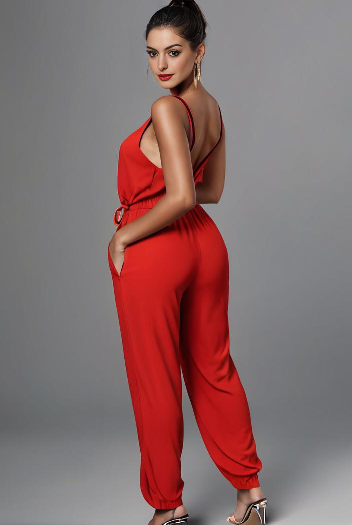 stylish sleeveless jumpsuit with tie waist and flap pockets for women 134315