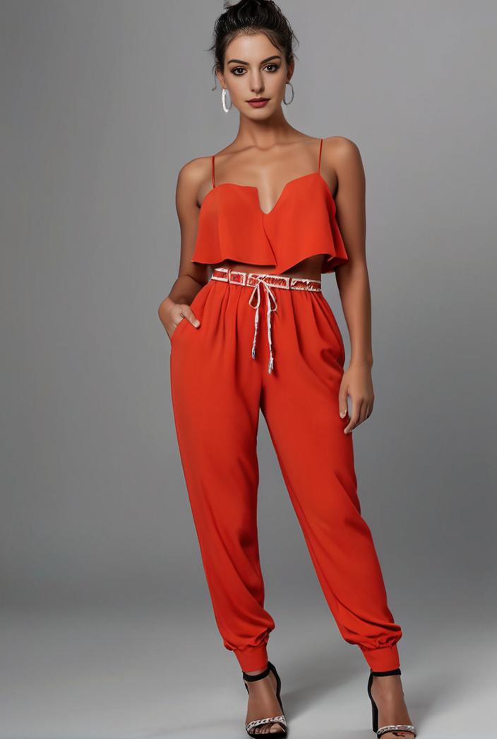 stylish sleeveless jumpsuit with tie waist and flap pockets for women 134347
