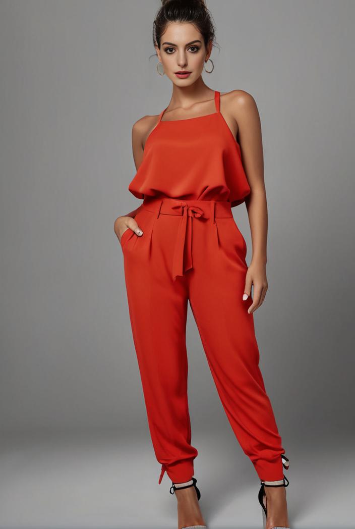 stylish sleeveless jumpsuit with tie waist and flap pockets for women 134348