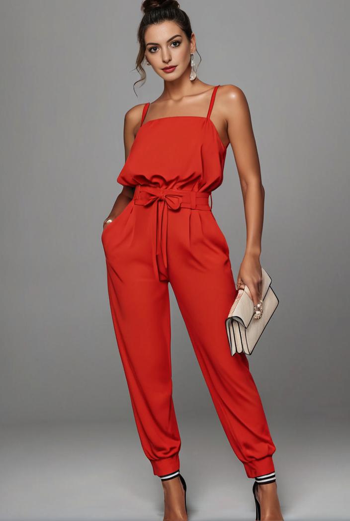 stylish sleeveless jumpsuit with tie waist and flap pockets for women 134356