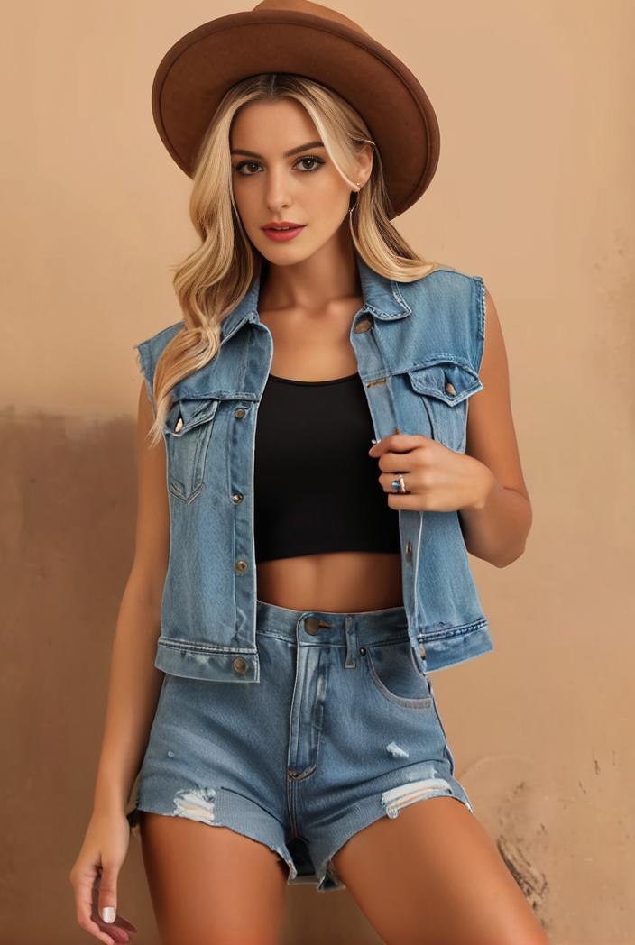 washed denim sleeveless vest with distressed ripped lapel women s denim jacket collection 138272