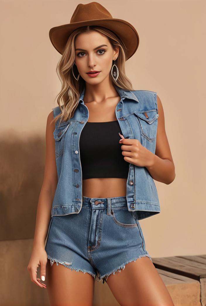 washed denim sleeveless vest with distressed ripped lapel women s denim jacket collection 138274