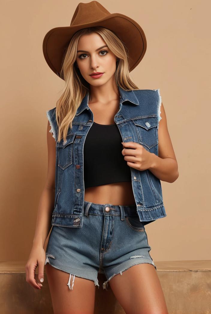 washed denim sleeveless vest with distressed ripped lapel women s denim jacket collection 138279