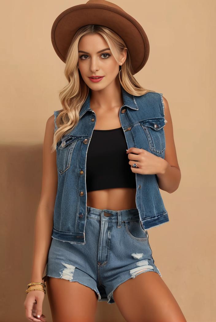 washed denim sleeveless vest with distressed ripped lapel women s denim jacket collection 138280