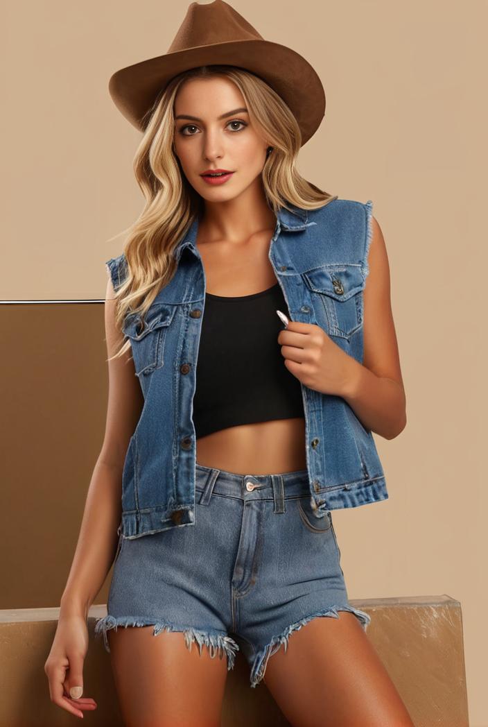 washed denim sleeveless vest with distressed ripped lapel women s denim jacket collection 138281