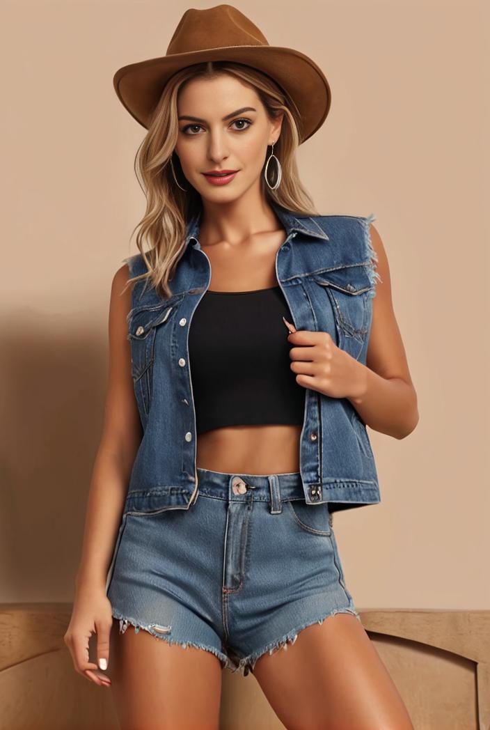 washed denim sleeveless vest with distressed ripped lapel women s denim jacket collection 138282