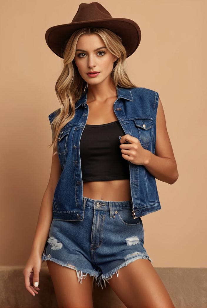 washed denim sleeveless vest with distressed ripped lapel women s denim jacket collection 138310