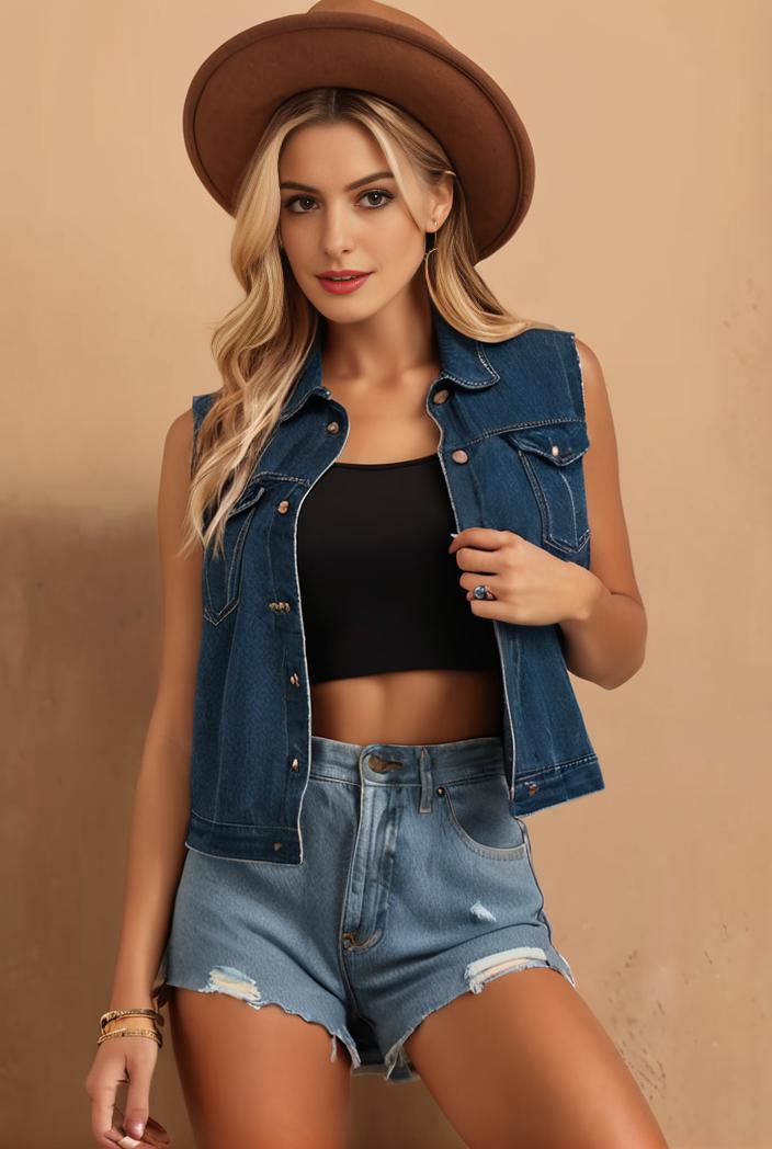 washed denim sleeveless vest with distressed ripped lapel women s denim jacket collection 138312
