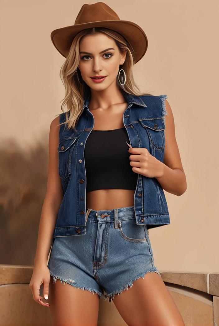 washed denim sleeveless vest with distressed ripped lapel women s denim jacket collection 138314