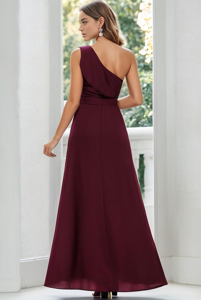 flowy chiffon one shoulder with three straps bridesmaid dress 101924