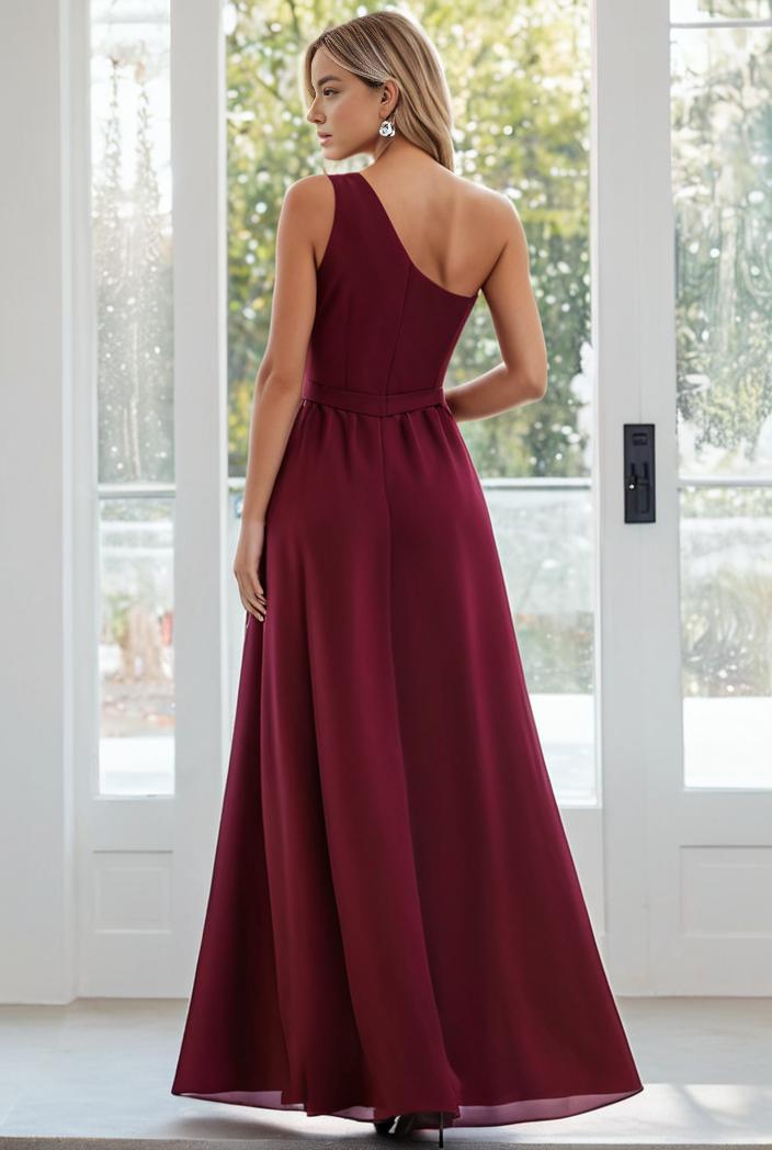 flowy chiffon one shoulder with three straps bridesmaid dress 101925