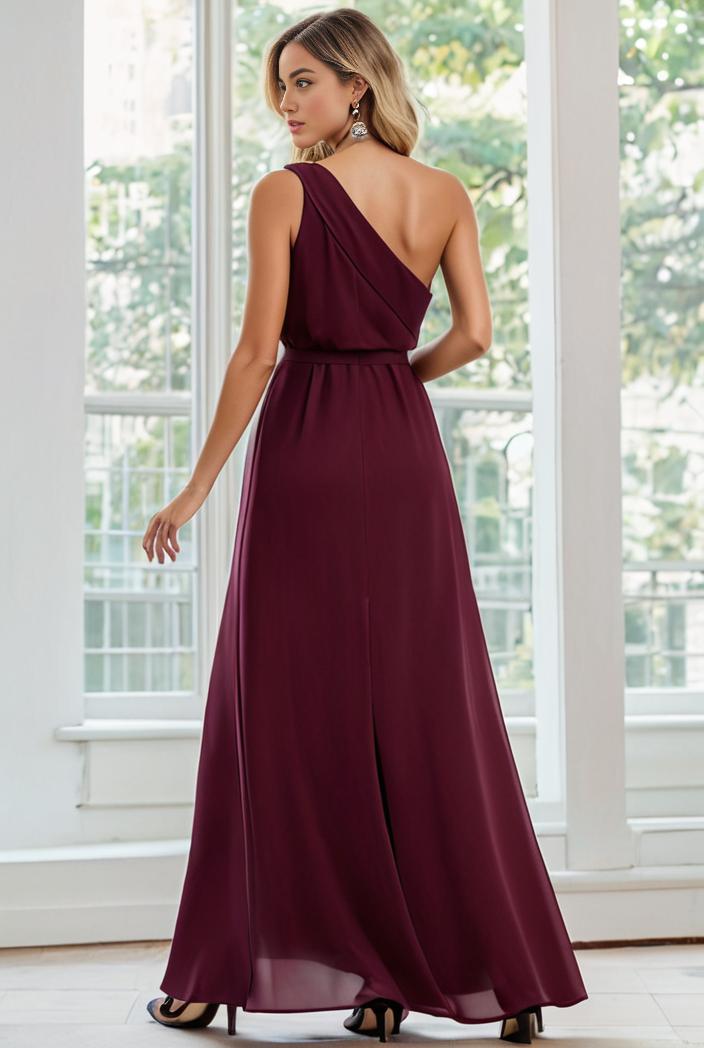 flowy chiffon one shoulder with three straps bridesmaid dress 101927