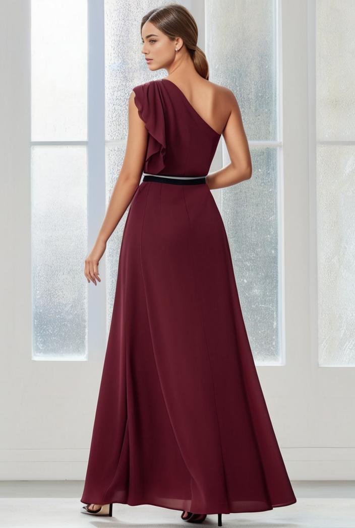 flowy chiffon one shoulder with three straps bridesmaid dress 101929