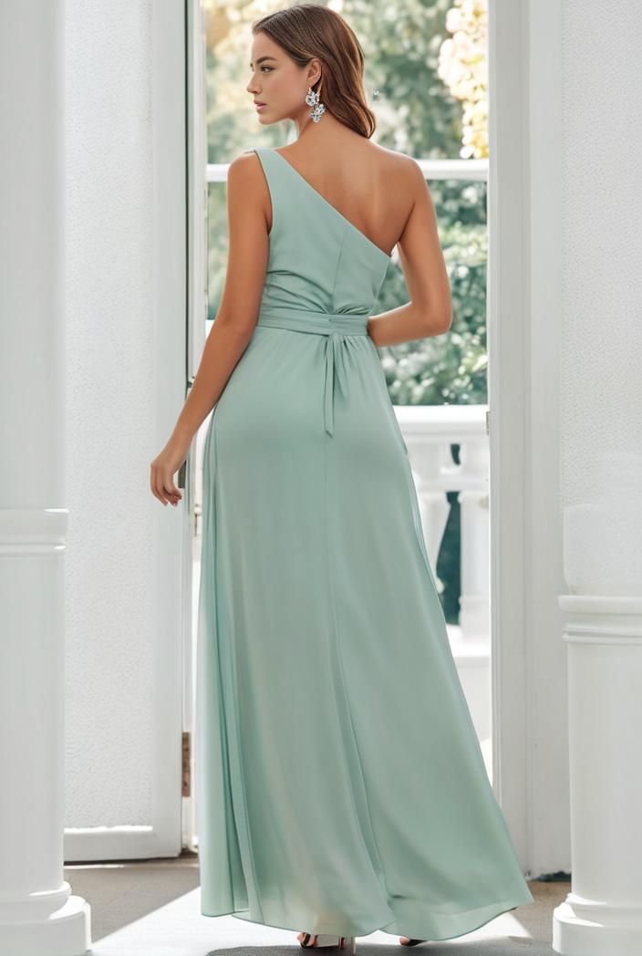 flowy chiffon one shoulder with three straps bridesmaid dress 101932