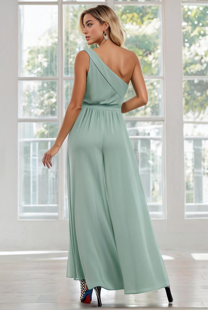 flowy chiffon one shoulder with three straps bridesmaid dress 101935