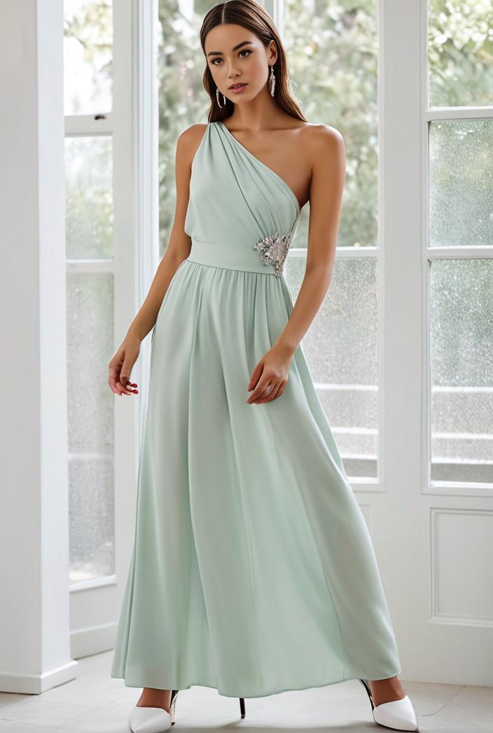 flowy chiffon one shoulder with three straps bridesmaid dress 101936