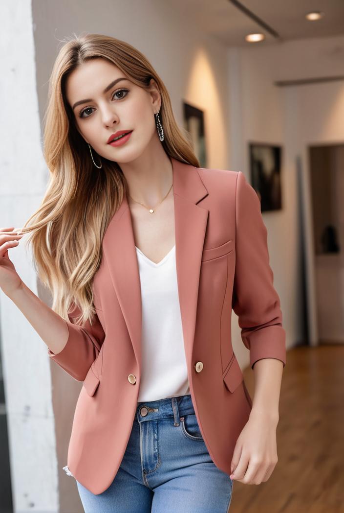 ladies solid button up blazer with long sleeves casual lapel design 108247
