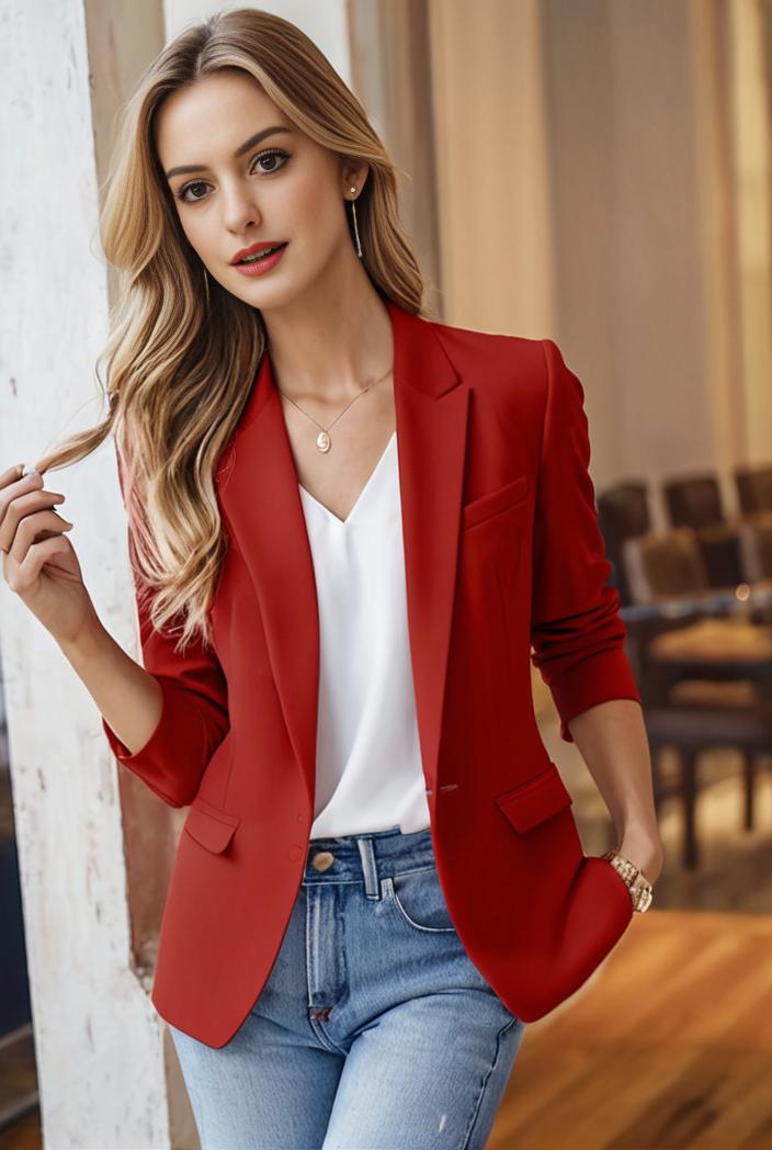 ladies solid button up blazer with long sleeves casual lapel design 108274