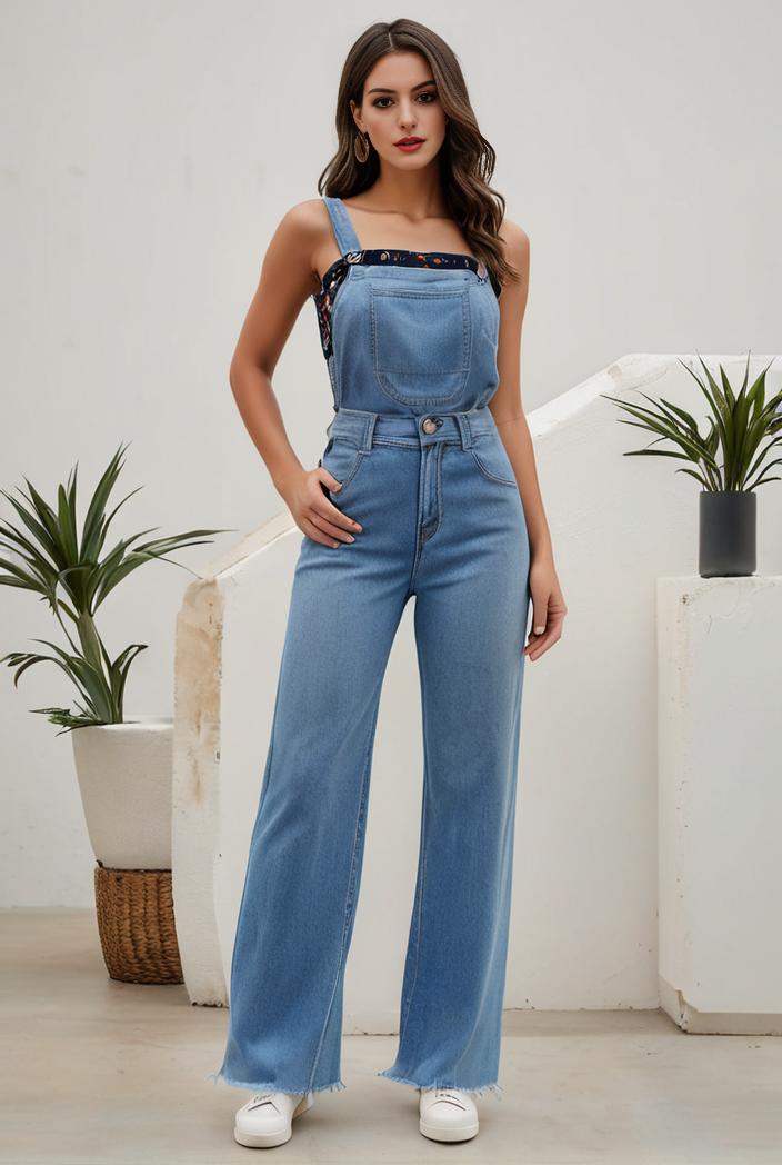relaxed fit denim jumpsuit with slant pockets non elastic washed denim overalls women s denim apparel 111914