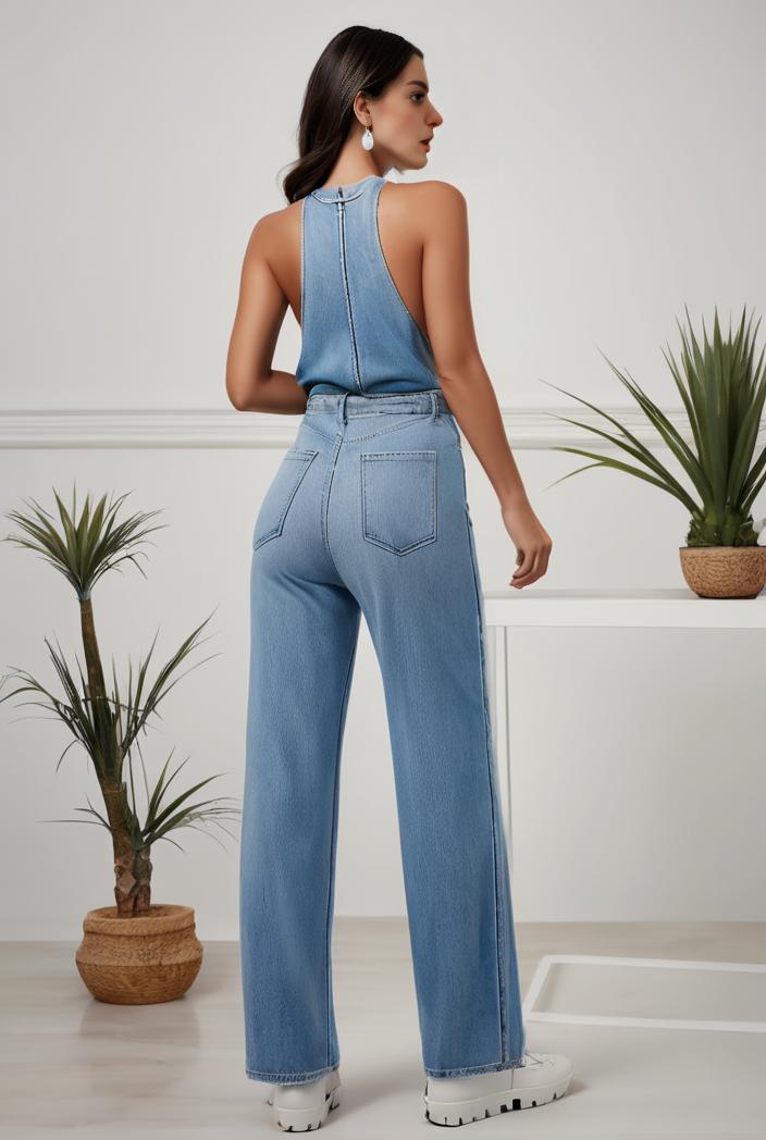 relaxed fit denim jumpsuit with slant pockets non elastic washed denim overalls women s denim apparel 111922