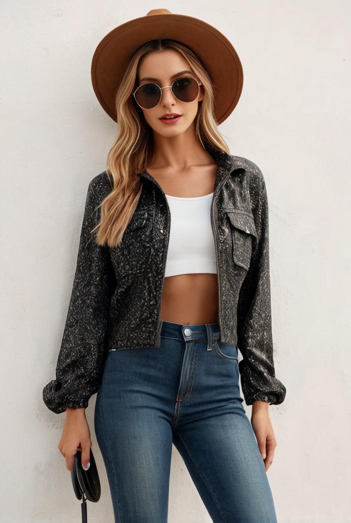 sequin bomber jacket with zipper closure and long sleeves stylish women s outerwear 113625