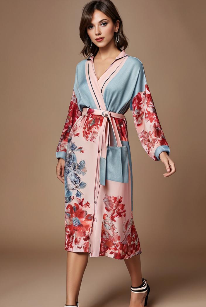 floral peacock print long sleeve loose swim robe beach cover up coat 126418