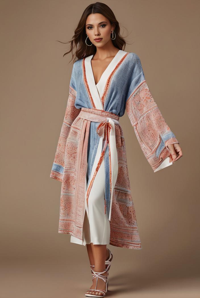 floral peacock print long sleeve loose swim robe beach cover up coat 126422