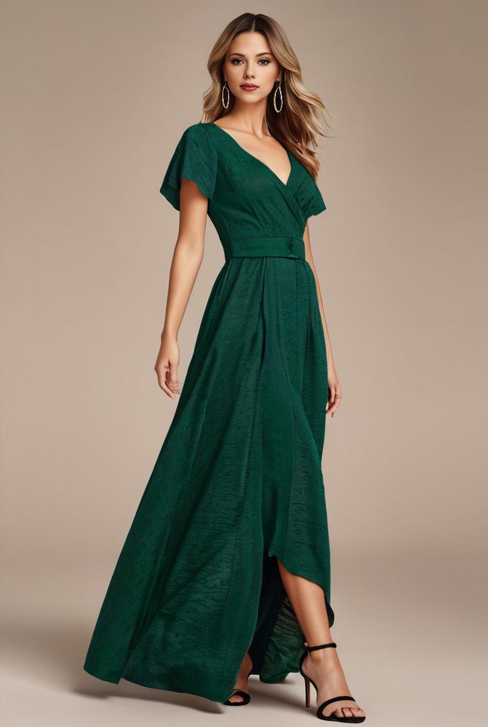 glitter high low front side slit ruffled v neck evening dress 127321