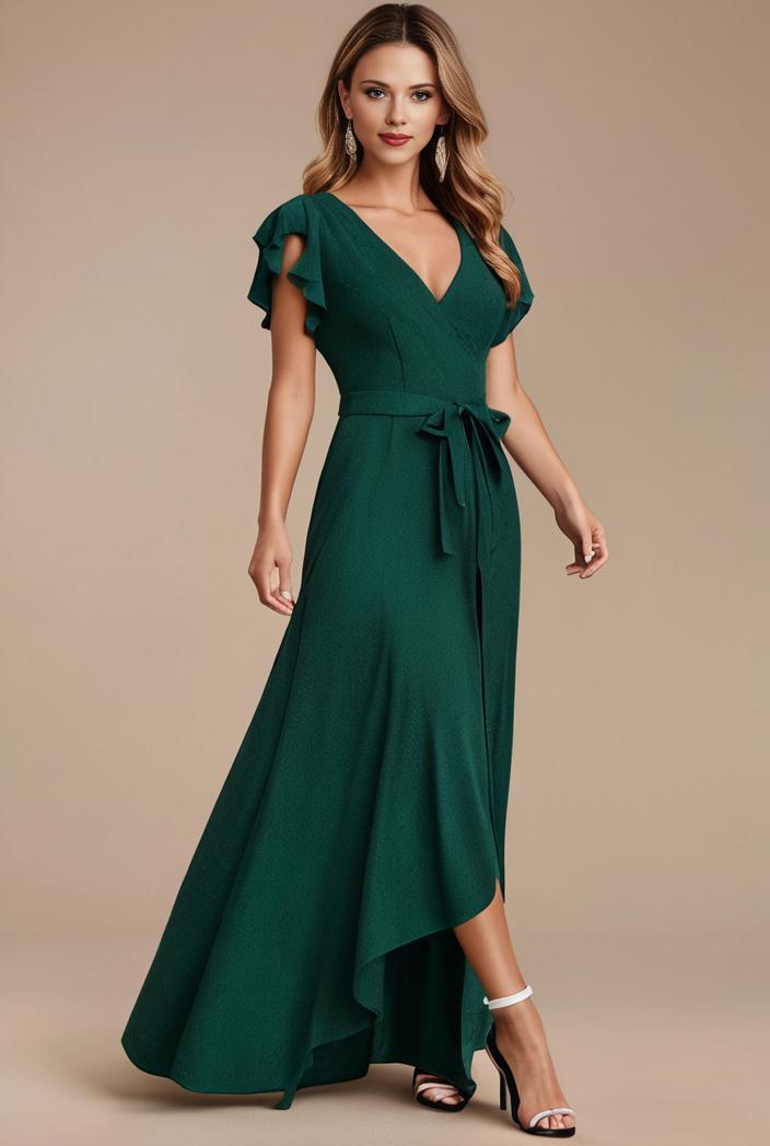 glitter high low front side slit ruffled v neck evening dress 127322
