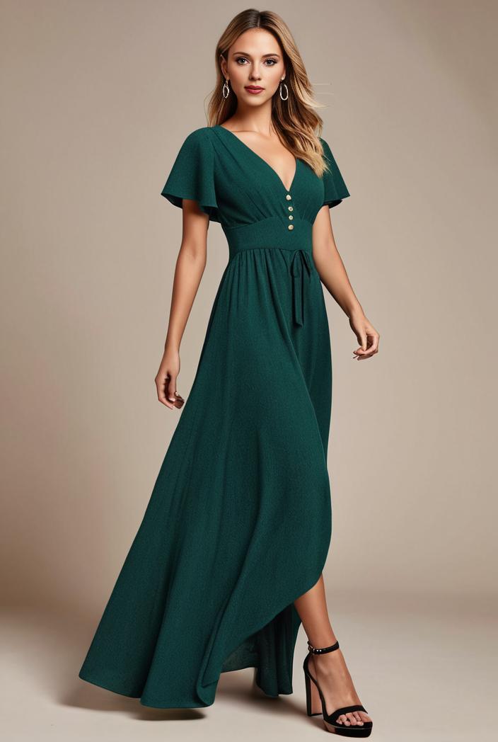 glitter high low front side slit ruffled v neck evening dress 127323