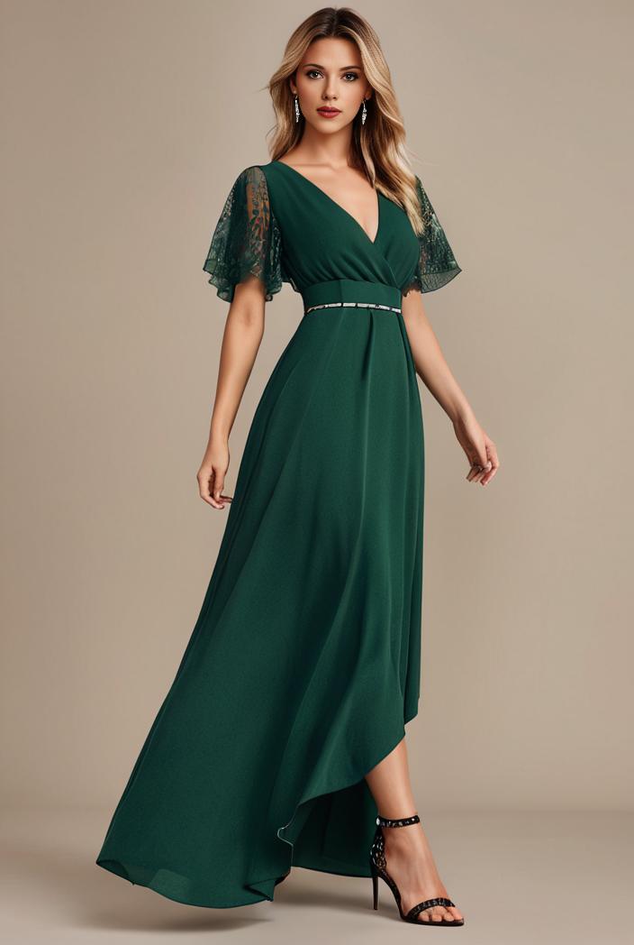 glitter high low front side slit ruffled v neck evening dress 127327