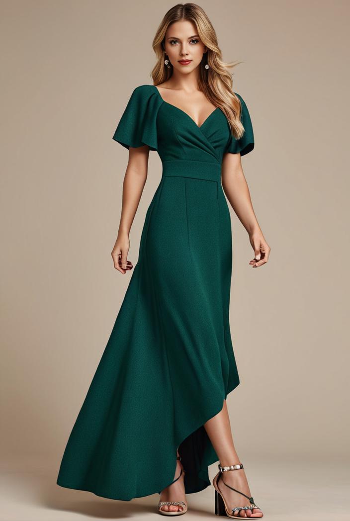 glitter high low front side slit ruffled v neck evening dress 127325