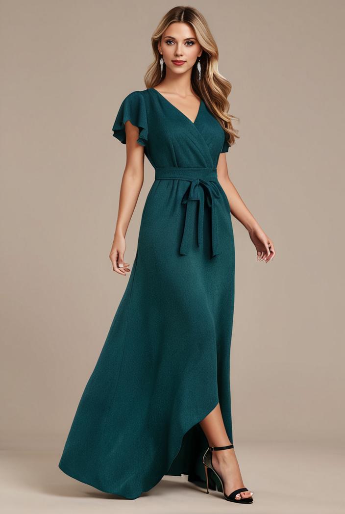 glitter high low front side slit ruffled v neck evening dress 127337
