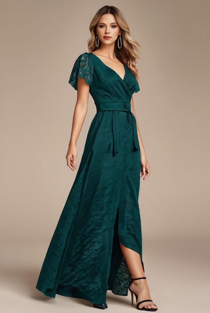 glitter high low front side slit ruffled v neck evening dress 127338