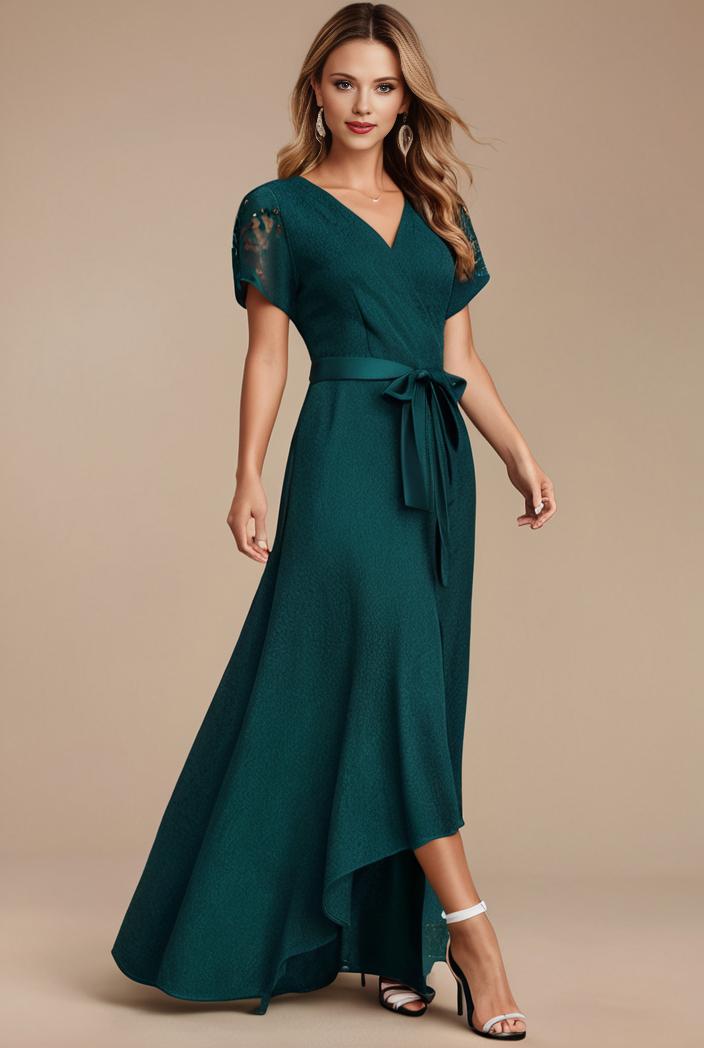 glitter high low front side slit ruffled v neck evening dress 127339