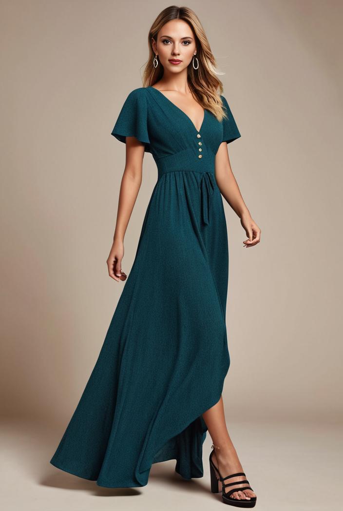 glitter high low front side slit ruffled v neck evening dress 127340