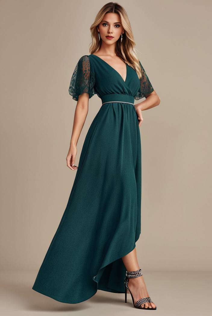 glitter high low front side slit ruffled v neck evening dress 127341