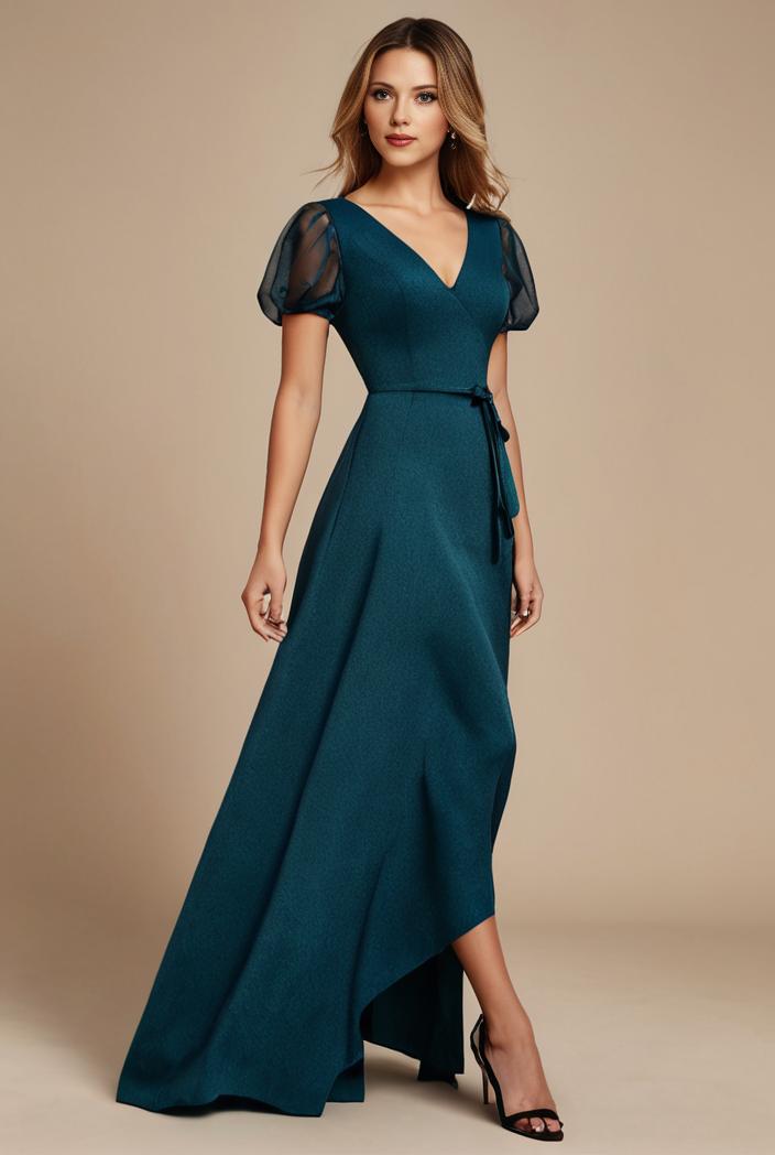 glitter high low front side slit ruffled v neck evening dress 127342