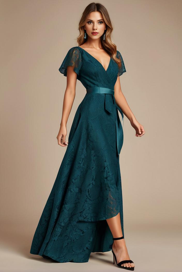glitter high low front side slit ruffled v neck evening dress 127344
